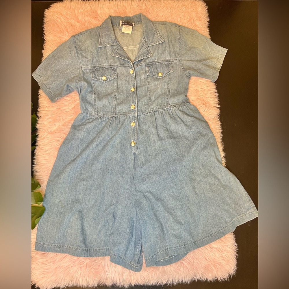 Allison Gray Petites Vintage 90s Blue Jean Culotte Romper Sz 8 Made In USA As Is